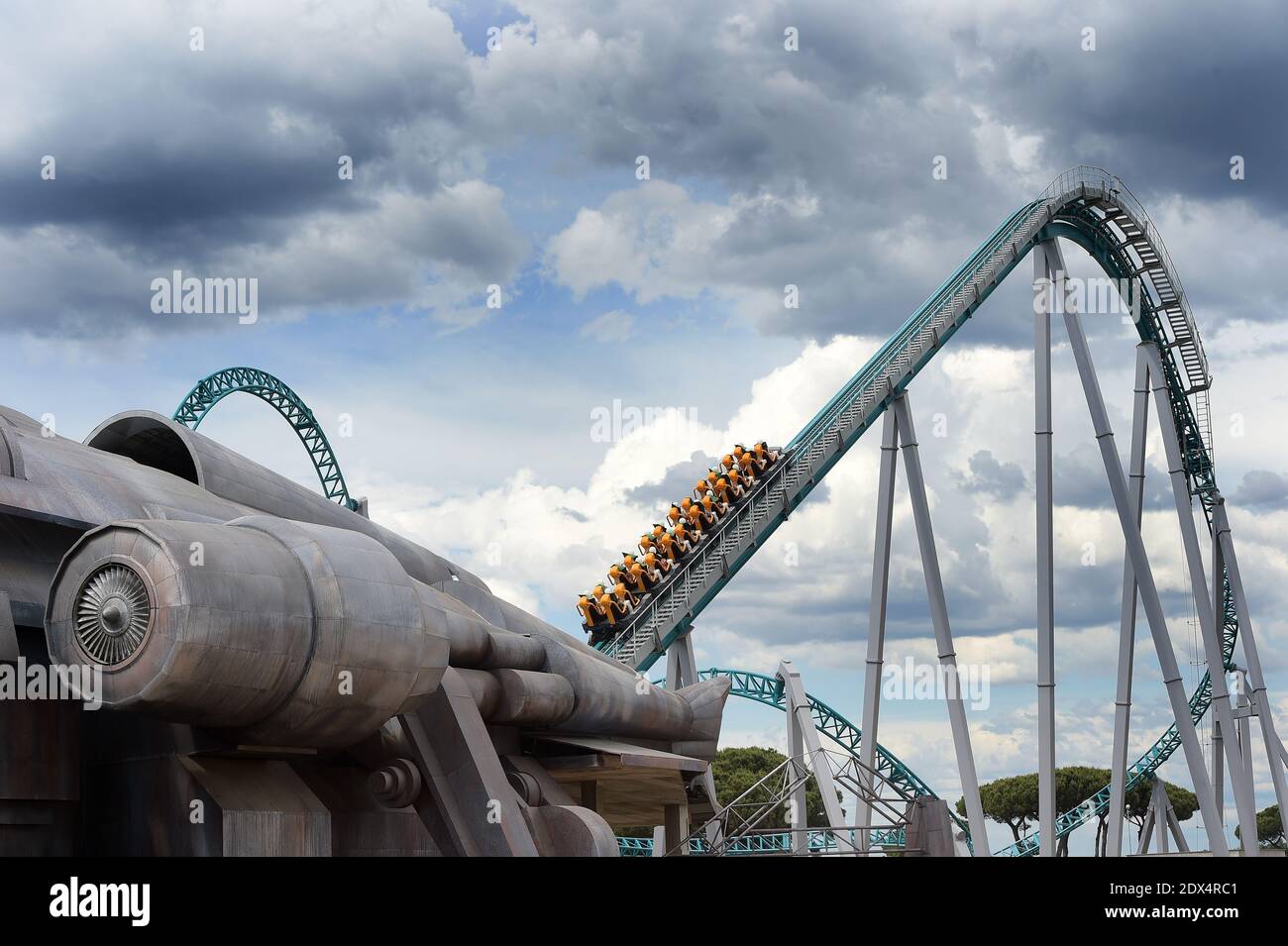 A view of the 10-inversion Intamin steel coaster at 'Cinecitta World', the  new italian movie theme park unveiled in Rome, Italy on July 10, 2014. A  richly detailed Italian theme park conjures
