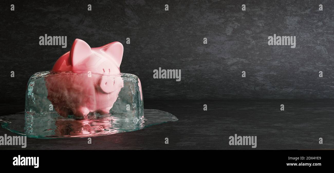 Defrosting piggy bank on black background, concept of unblocking frozen funds, close up, 3D Render, 3D Illustration Stock Photo