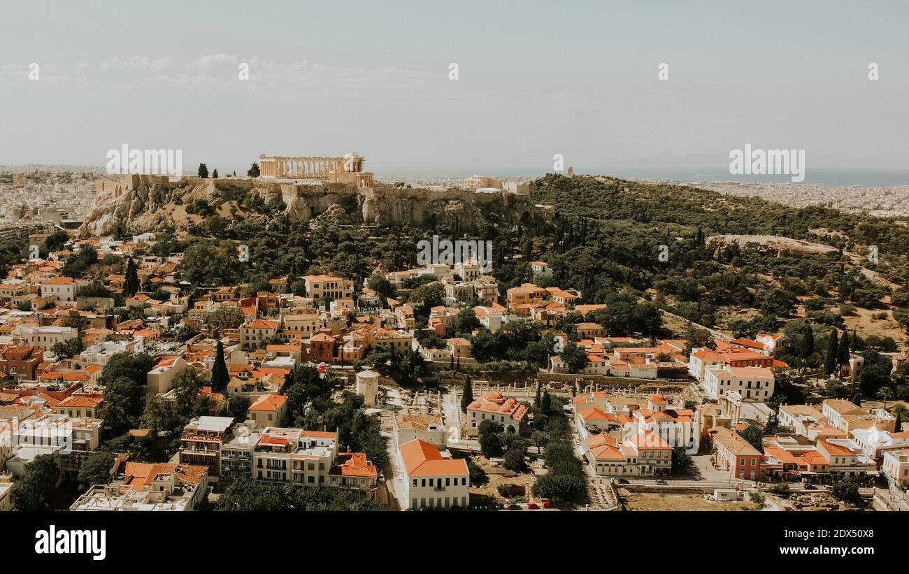 Aerial drone view of Historic Parthenon Temple on Acropolis Hill in ...