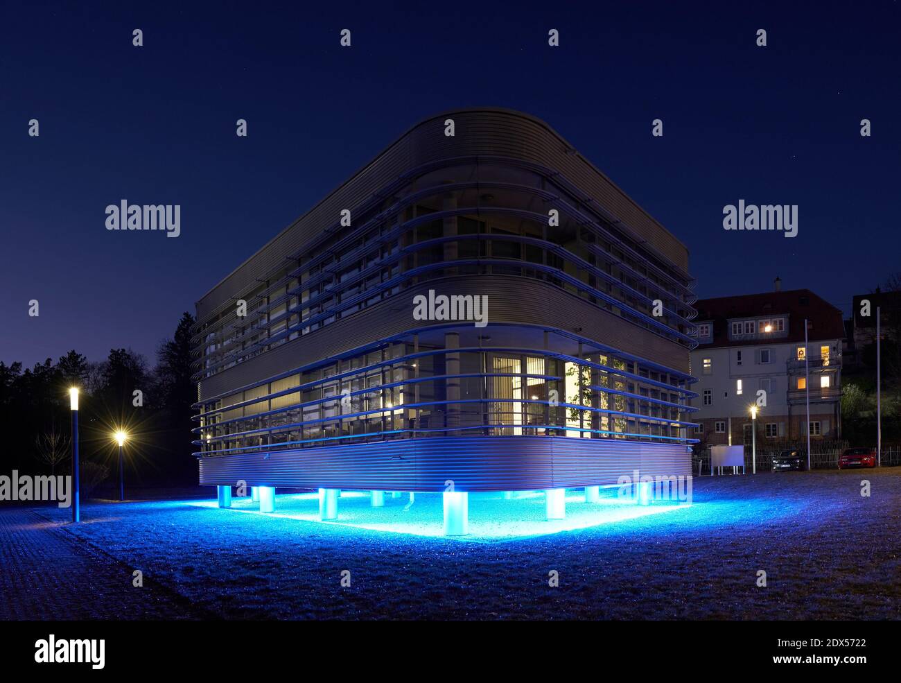 City Hall of Grafenau, Württemberg with blue illumination Stock Photo