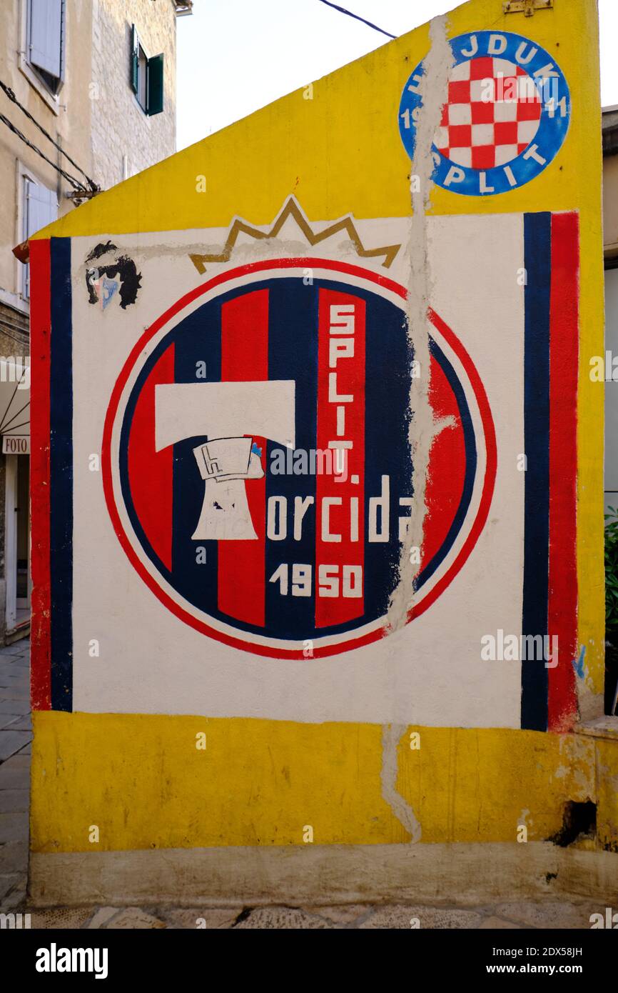 Wall art in the colors of Hajduk Split torcida 1950, the local HNK Hajduk Split supporters' group in Croatia Stock Photo