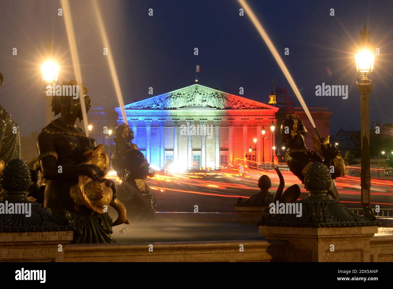 The 'Palais Bourbon', home of French 'National Assembly' or House of  Parliament, seen lit with French flag colors, as part of National Day  celebrations, as well as a tribute to Jean Jaures,