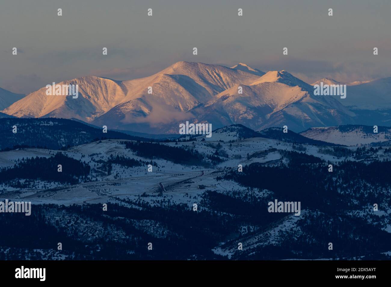 Beautiful sunrise over the snow capped Sangre de Cristo Range of