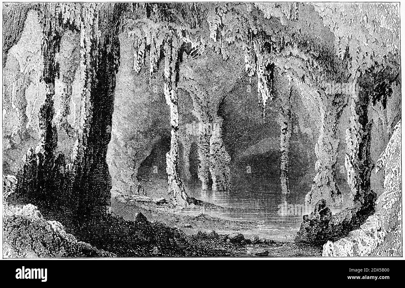 Engraving of Martin's Cave at Gibraltar circa 1880 Stock Photo