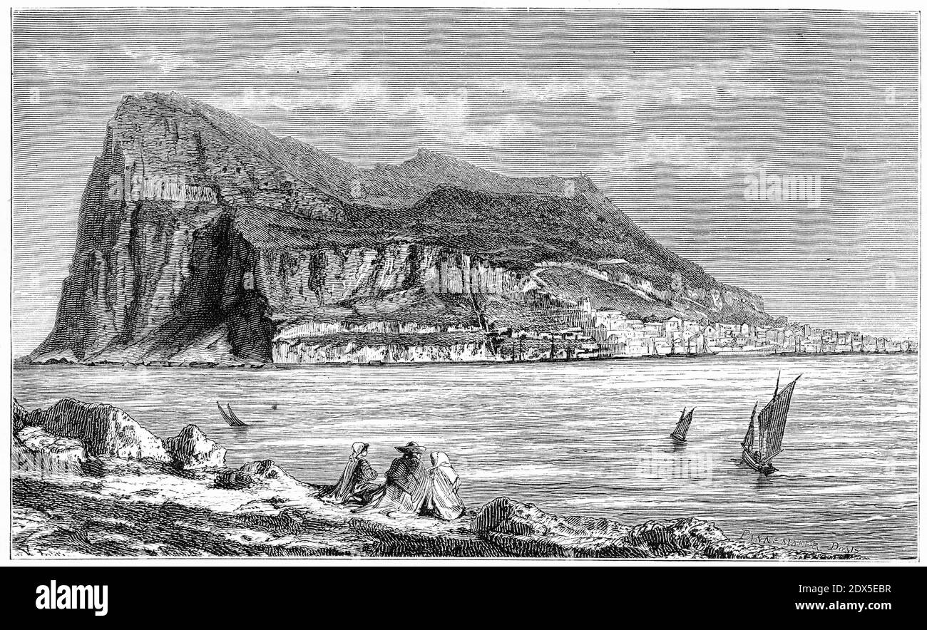 Engraving of Gibraltar from the north-west, circa 1880 Stock Photo