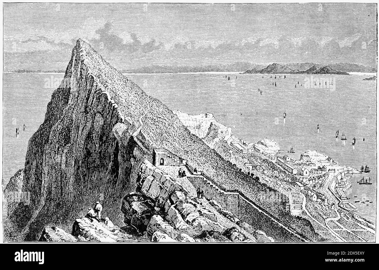 Engraving of the view from the signal station at the Rock of Gibraltar, circa 1880 Stock Photo