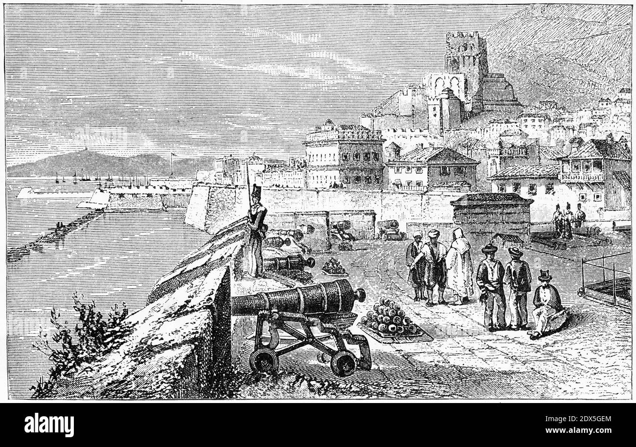 Engraving of the king's bastion and an old Moorish castle at the Rock of Gibraltar, circa 1880 Stock Photo