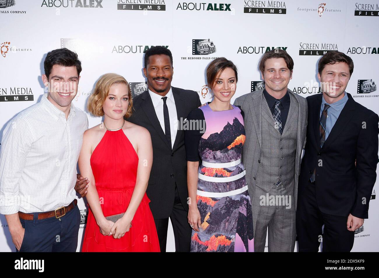 Max Greenfield, Jane Levy, Nate Parker, Aubrey Plaza, Jason Ritter and director Jesse Zwick attend the premiere of About Alex at the ArcLight Hollywood, in Hollywood, Los Angeles, CA, USA, on August 6, 2014. Photo by Julian Da Costa/ABACAPRESS.COM Stock Photo