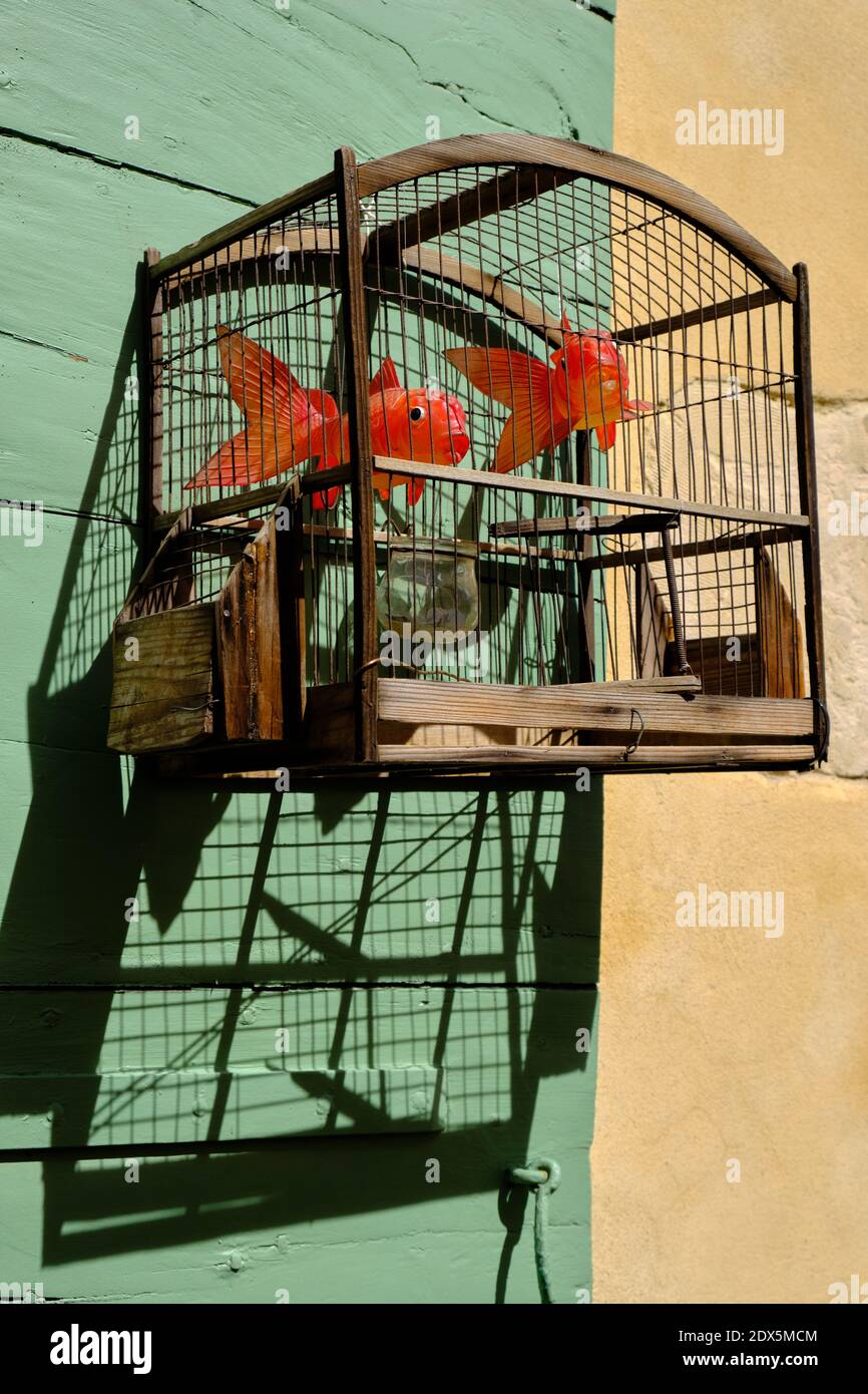 Two plastic gold fishes in a wood birdcage hanging on outside wall in full sun with long shadows Stock Photo