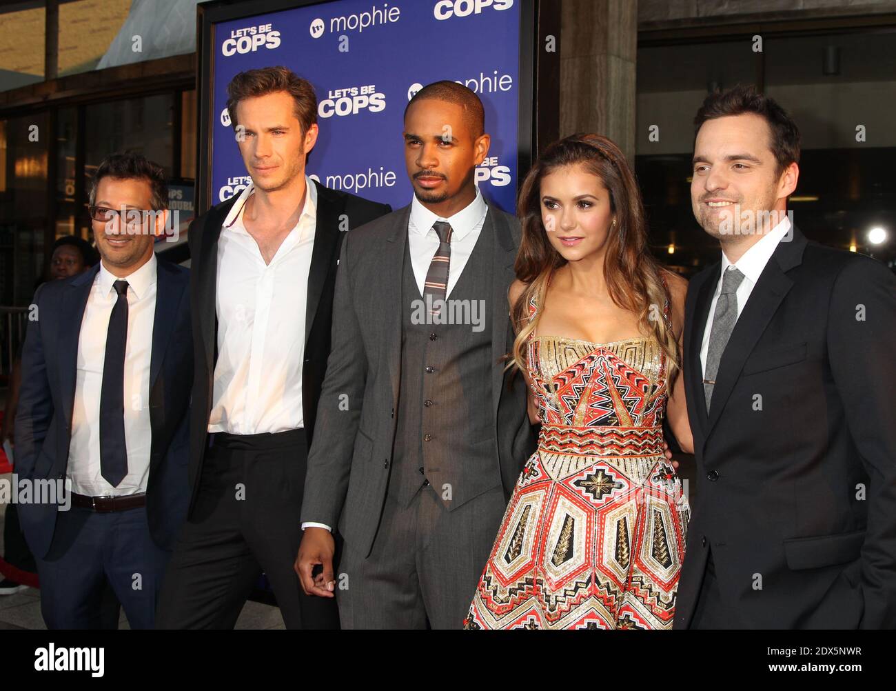 Luke Greenfield, James D'Arcy, Damon Wayans Jr., Nina Dobrev, Jake Johnson, Twentieth Century Fox film premiere for Let's Be Cops at the Cinerama Dome in Hollywood, Los Angeles, CA, USA, August 7, 2014. (Pictured: Luke Greenfield, James D'Arcy, Damon Wayans Jr., Nina Dobrev, Jake Johnson). Photo by Baxter/ABACAPRESS.COM Stock Photo