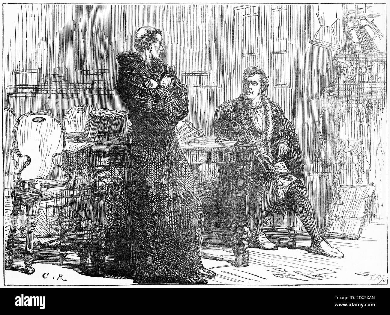 Engraving of a young John Calvin engaged in friendly argument with his cousin Stock Photo