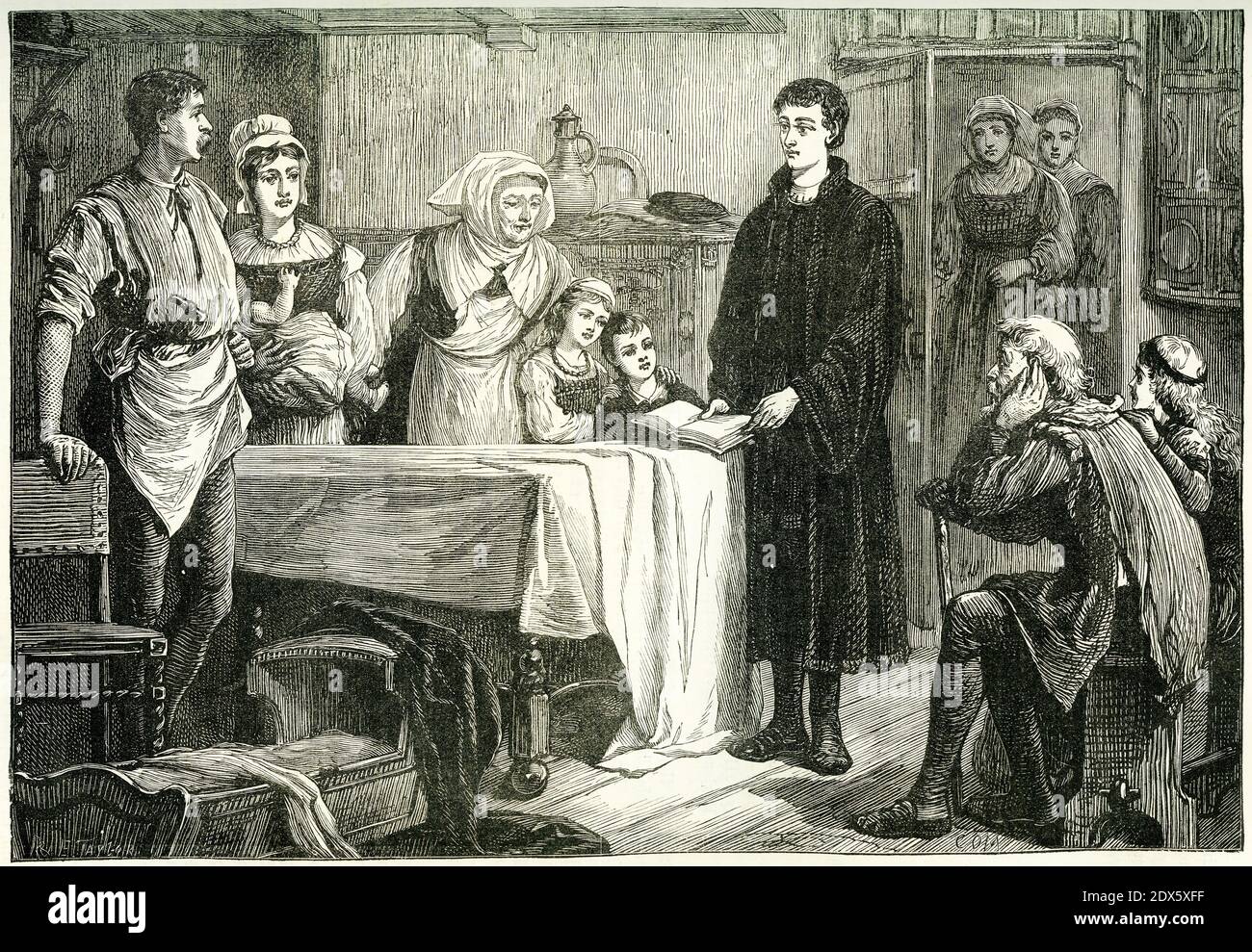 Engraving of young John Calvin expounding his interpretation of the Bible to a family at Bourges in France Stock Photo