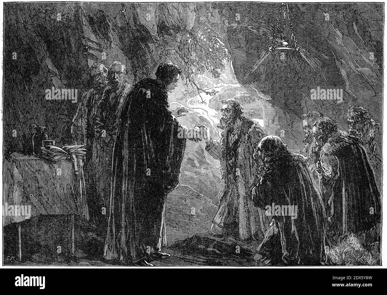 Engraving of a young John Calvin celebraing the Lord's Supper with fellow protestants in the grotto at Poitiers in France Stock Photo