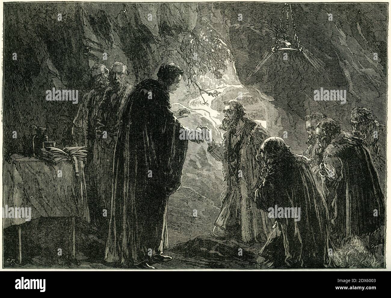 Engraving of a young John Calvin celebraing the Lord's Supper with fellow protestants in the grotto at Poitiers in France Stock Photo