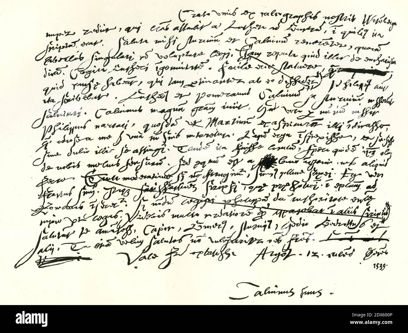 facsimile of handwriting by John Calvin dated 1539 Stock Photo