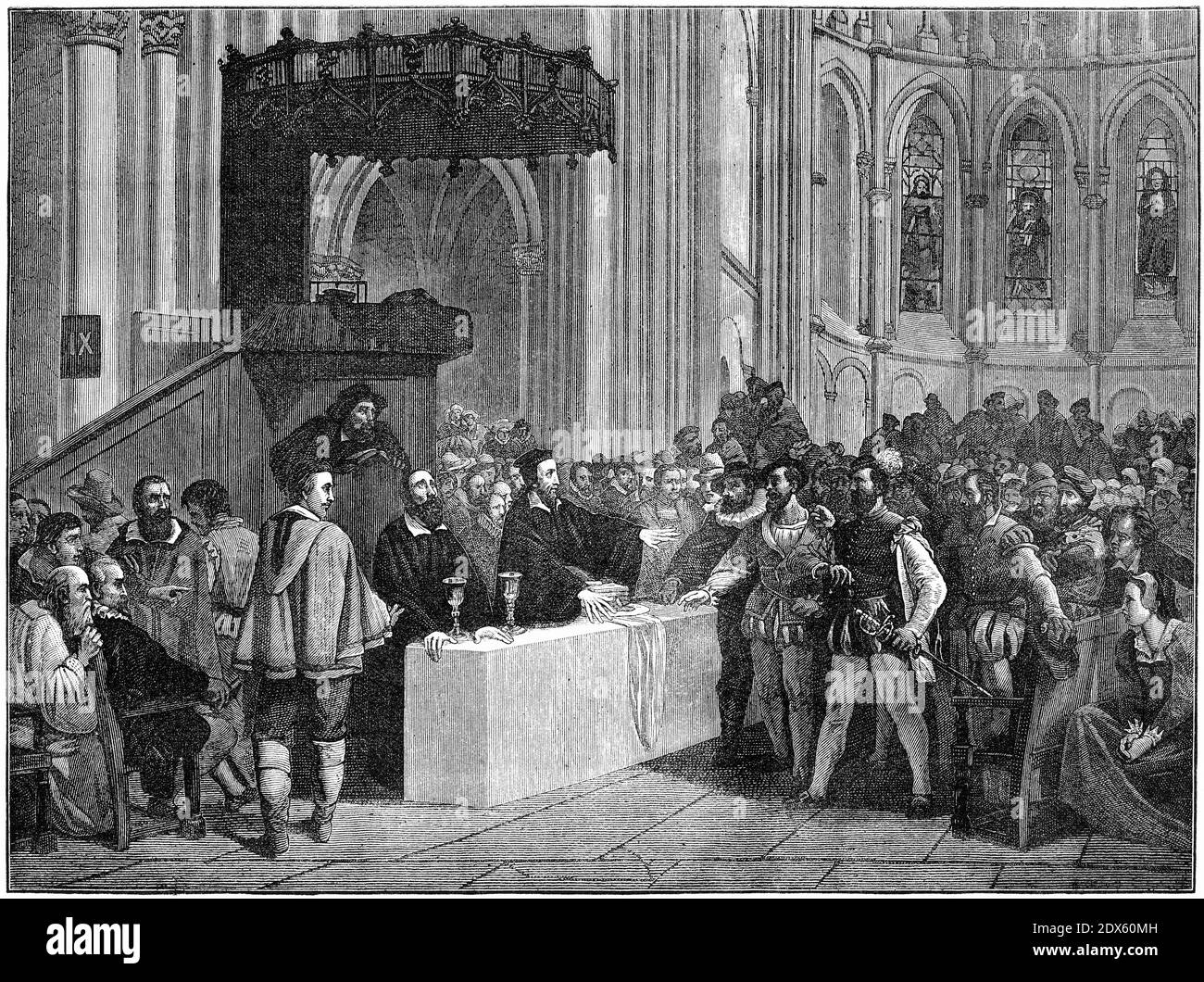 Engraving of John Calvin refusing the Lord's Supper to the Libertines ...