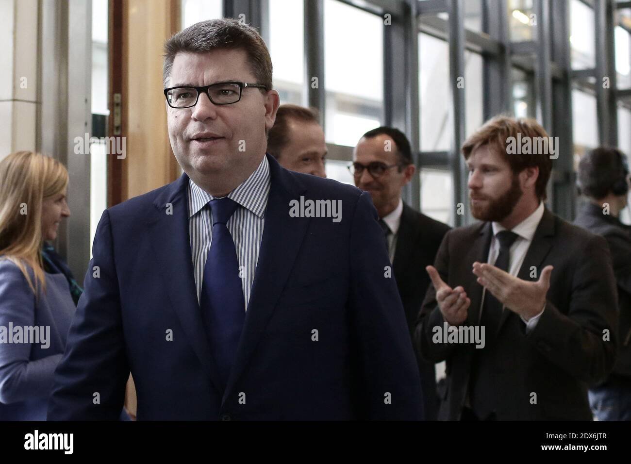 French Treasury general director Bruno Bezard attends as Outgoing French Economy Minister Arnaud Montebourg and his newly appointed successor Emmanuel Macron, a 36-year-old ex-Rothschild banker and architect of the president's economic policy, during a handover cermony in Paris, France on August 27, 2014 at the Economy Ministry. Photo by Stephane Lemouton/ABACAPRESS.COM Stock Photo