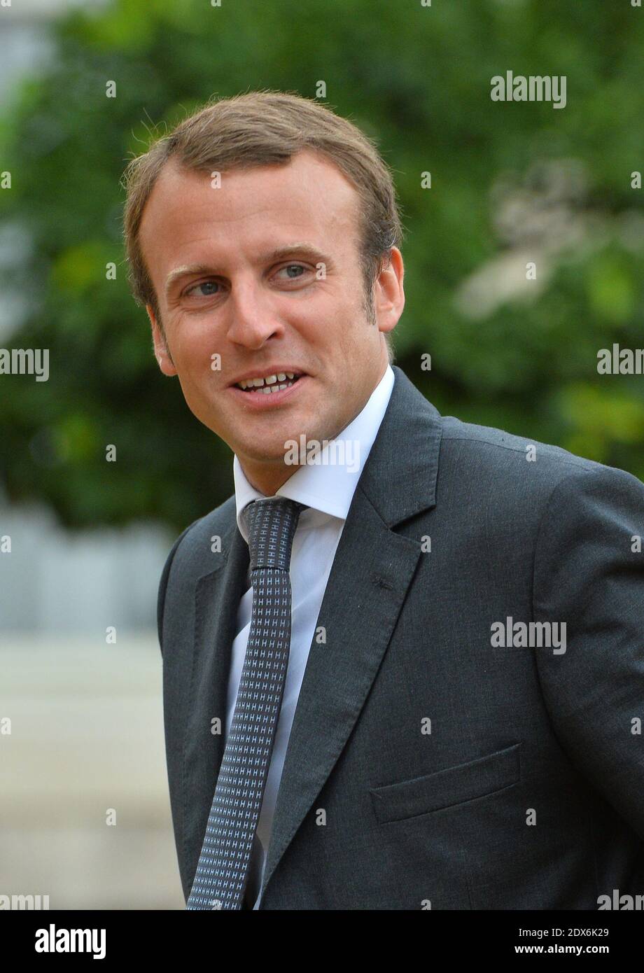 Newly-appointed Economy Minister Emmanuel Macron arriving at the Elysee presidential palace in Paris, France before a weekly cabinet meeting. French President Francois Hollande on August 27 installed a former banker and ally as economy minister in an emergency reshuffle seen as the 'last chance' to haul France out of the biggest crisis of his presidency. Hollande caught everyone off guard with the appointment of Emmanuel Macron, a 36-year-old ex-Rothschild banker and architect of the president's economic policy. Photo by Christian Liewig/ABACAPRESS.COM Stock Photo