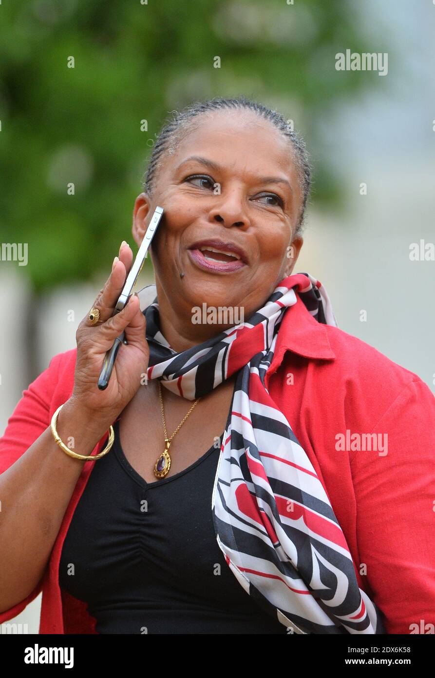 Justice Minister Christiane Taubira arriving at the Elysee presidential palace in Paris, France before a weekly cabinet meeting. French President Francois Hollande on August 27 installed a former banker and ally as economy minister in an emergency reshuffle seen as the 'last chance' to haul France out of the biggest crisis of his presidency. Hollande caught everyone off guard with the appointment of Emmanuel Macron, a 36-year-old ex-Rothschild banker and architect of the president's economic policy. Photo by Christian Liewig/ABACAPRESS.COM Stock Photo