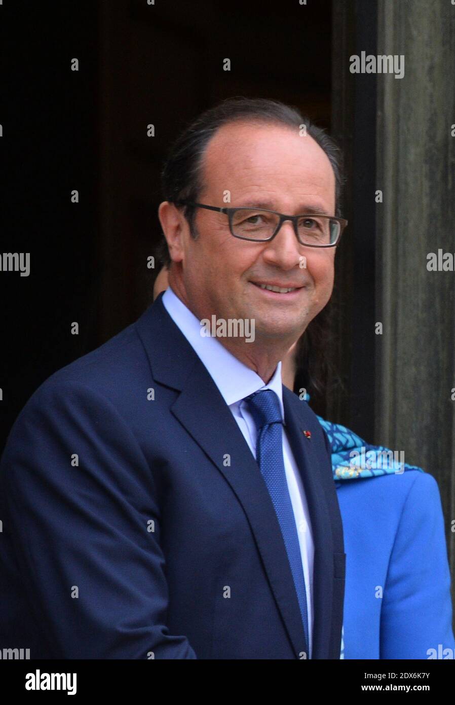 President Francois Hollande leaving the Elysee presidential palace in Paris, France after a weekly cabinet meeting. French President Francois Hollande on August 27 installed a former banker and ally as economy minister in an emergency reshuffle seen as the 'last chance' to haul France out of the biggest crisis of his presidency. Hollande caught everyone off guard with the appointment of Emmanuel Macron, a 36-year-old ex-Rothschild banker and architect of the president's economic policy. Photo by Christian Liewig/ABACAPRESS.COM Stock Photo