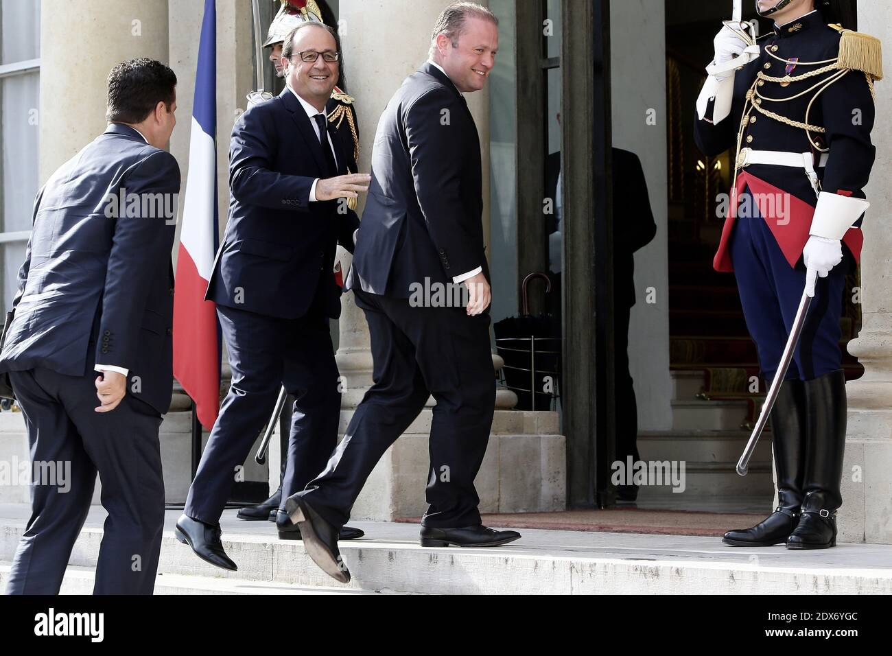 French president Francois Hollande welcomes Maltese Prime Minister Joseph Muscat, on August 30, 2014 at the Elysee presidential palace in Paris, before a meeting gathering European centre-left leaders to forge a common position ahead of the Brussels summit. Photo by Stephane Lemouton/ABACAPRESS.COM Stock Photo