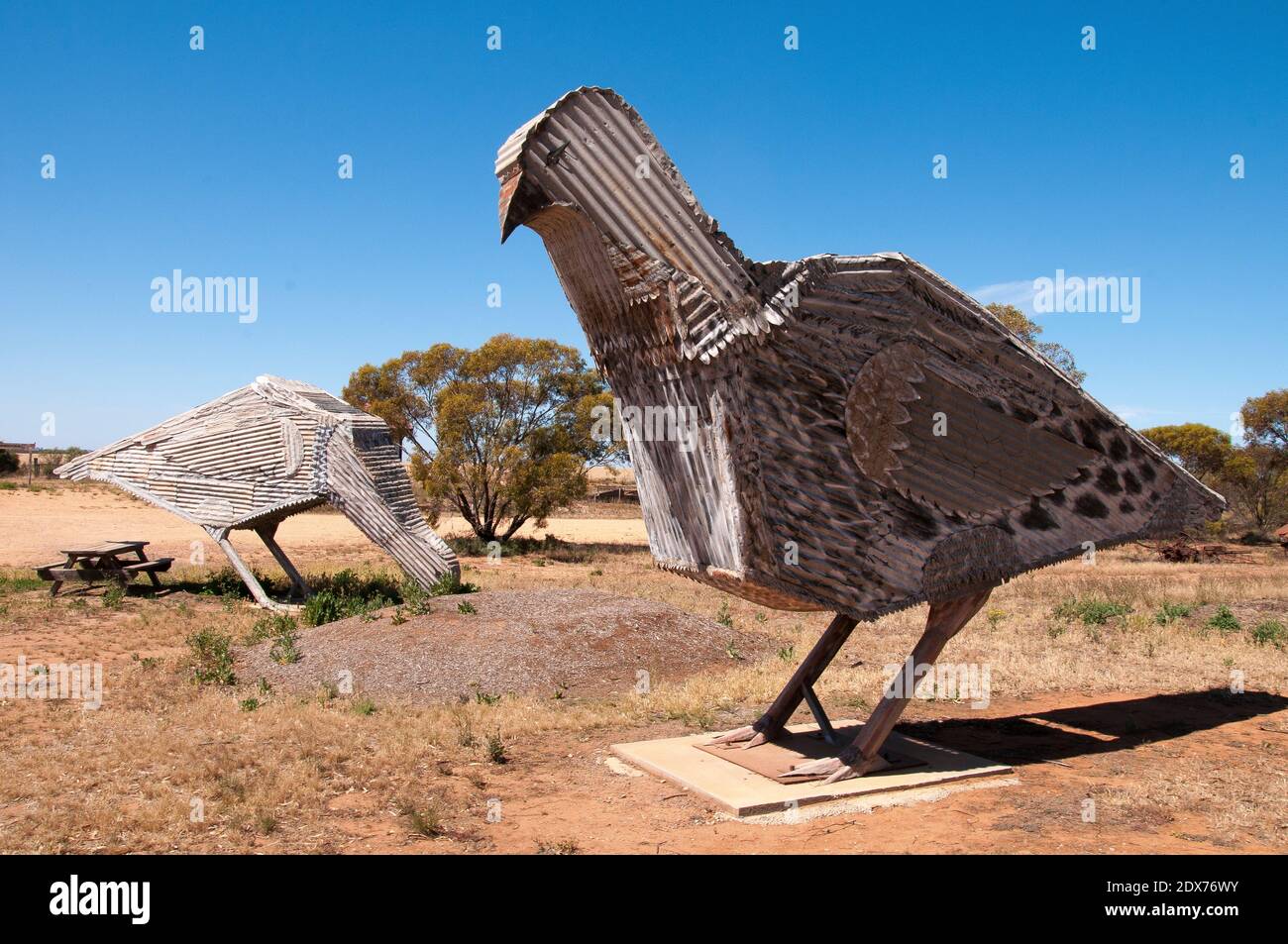 Mallee Fowl sculptures in corrugated iron at Patchewollock in the Mallee country, Victoria Stock Photo