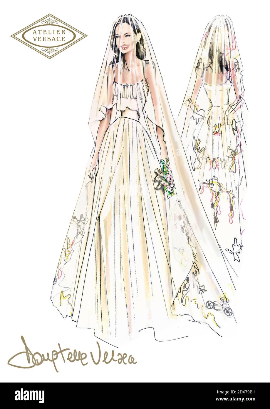 Fashion sketch of Angelina Jolie's wedding dress by Donatella Versace. August 2014. Photo by ABACAPRESS.COM Stock Photo