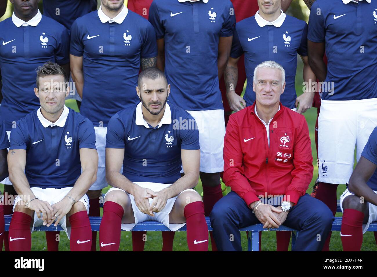 French International Football Team Yohan Cabaye, Karim Benzema and Didier Deschamps (Coach) pose in Clairefontaine-en-Yvelines, France, on September 2, 2014. Photo by ABACAPRESS.COM Stock Photo