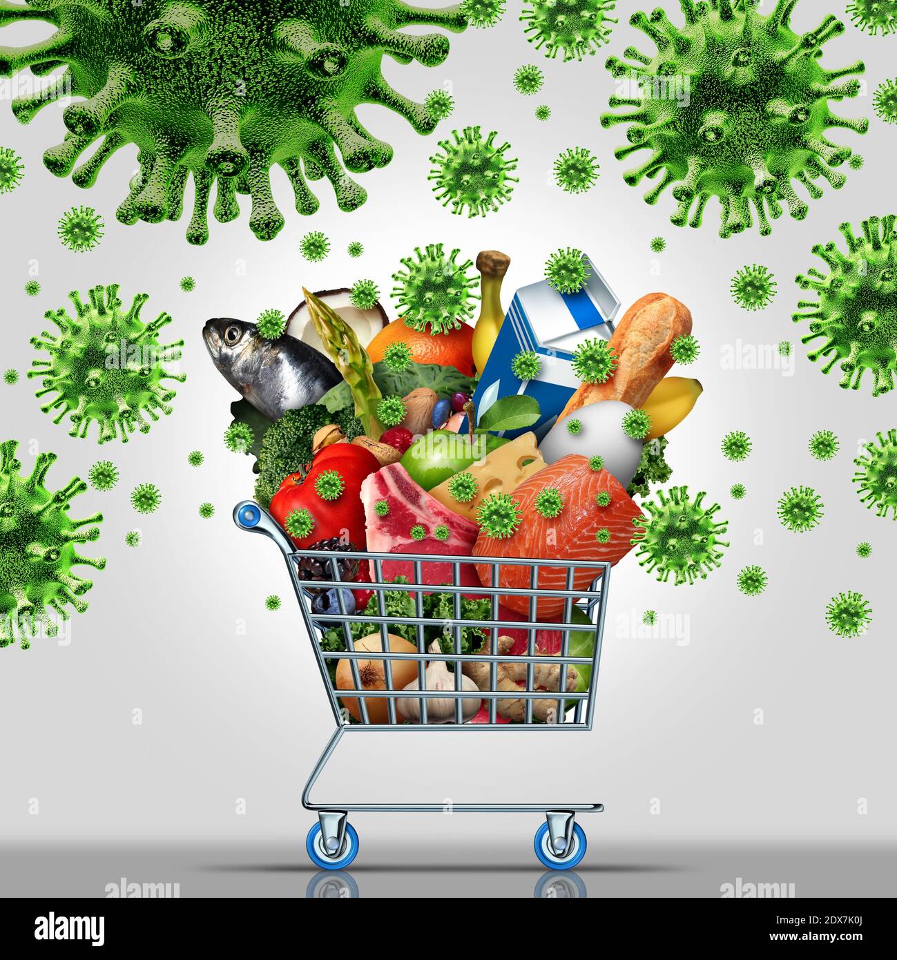 Virus contaminated food and grocery or coronavirus groceries health safety as a supermarket shopping cart with milk eggs cheese meat bread. Stock Photo