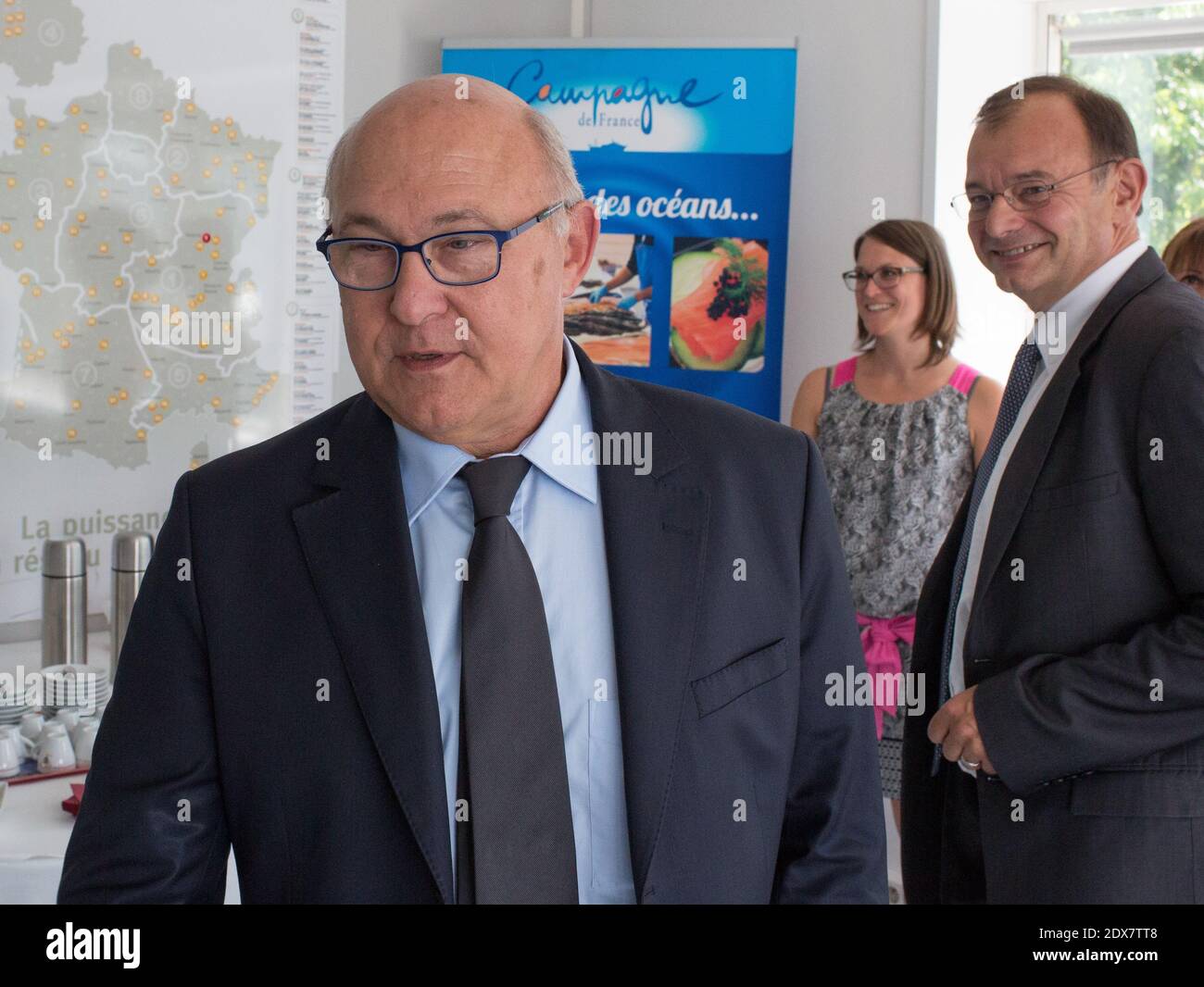 French Minister of Finance and public Accounts Michel Sapin visits the company Broc Service Frais in Feyzin, near Lyon, September 5, 2014, to meet the economy actors and approach CICE (Credit Impot Creativite et Emploi) and the implementation of the pact of responsibility. Photo by Vincent Dargent/ABACAPRESS.COM Stock Photo
