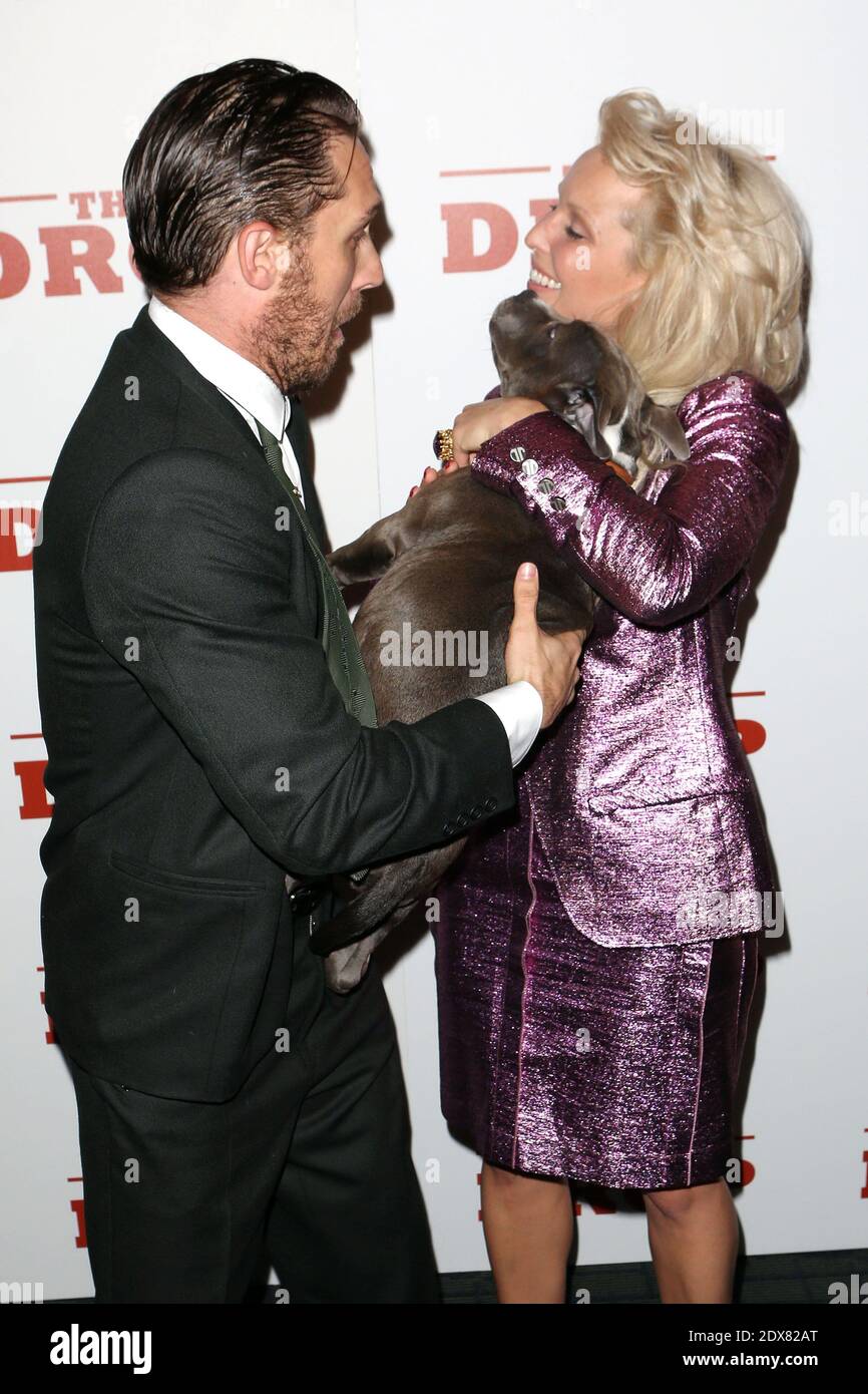 Tom Hardy and Noomi Repace play with dog Rocco from the film as they arrive to the premiere of The Drop at The Sunshine Theater in New York City, NY, USA on September 8th, 2014. Photo by Krista Kennell/ABACAPRESS.COM Stock Photo