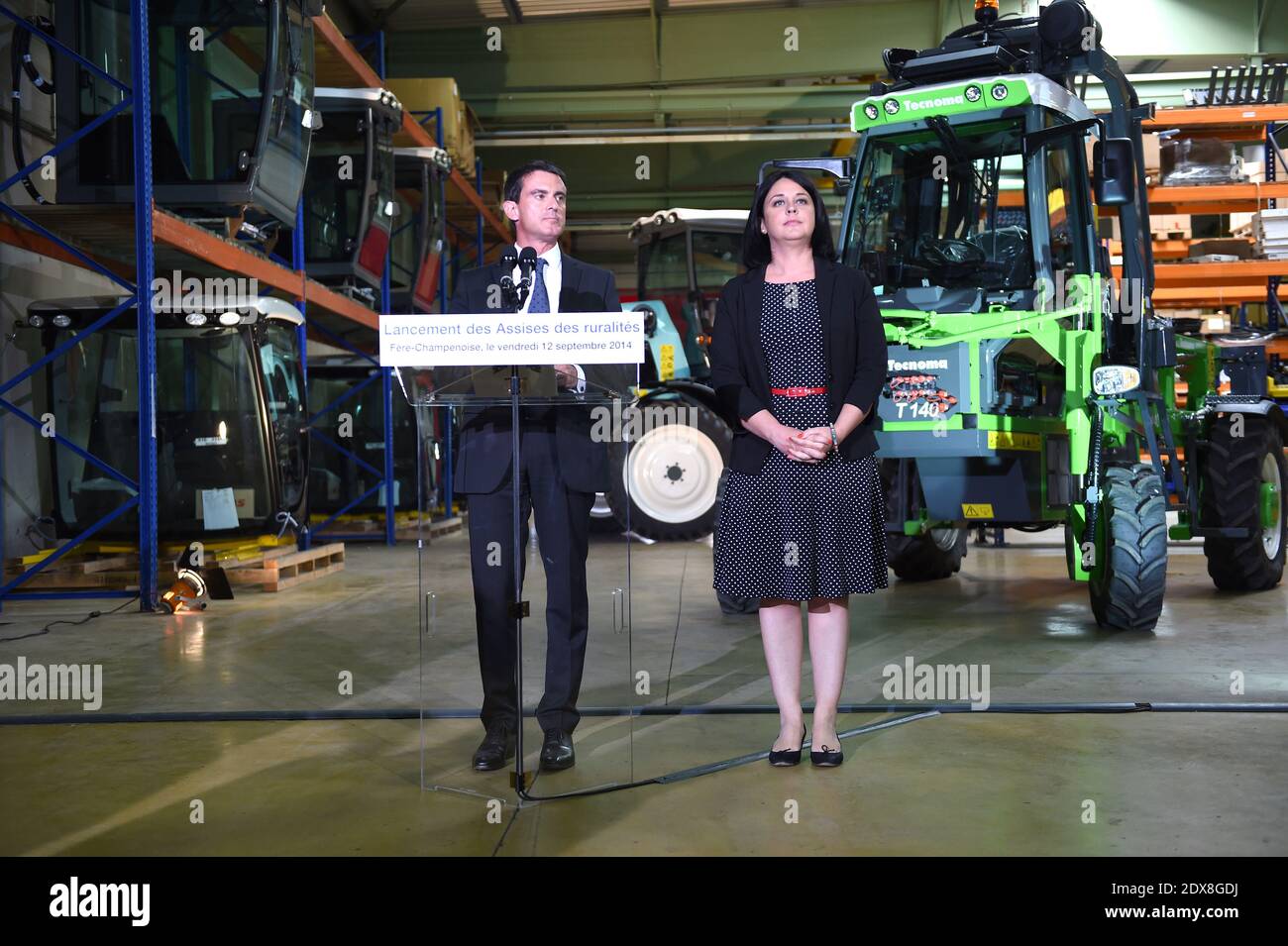 French Prime minister Manuel Valls and French Minister for Housing, Territorial Equality and Rurality Sylvia Pinel visit a 'preciculture' plant, which makes tractors, on September 12, 2014 in Fere Champenoise, France. Photo by Nicolas Gouhier/ABACAPRESS.COM Stock Photo