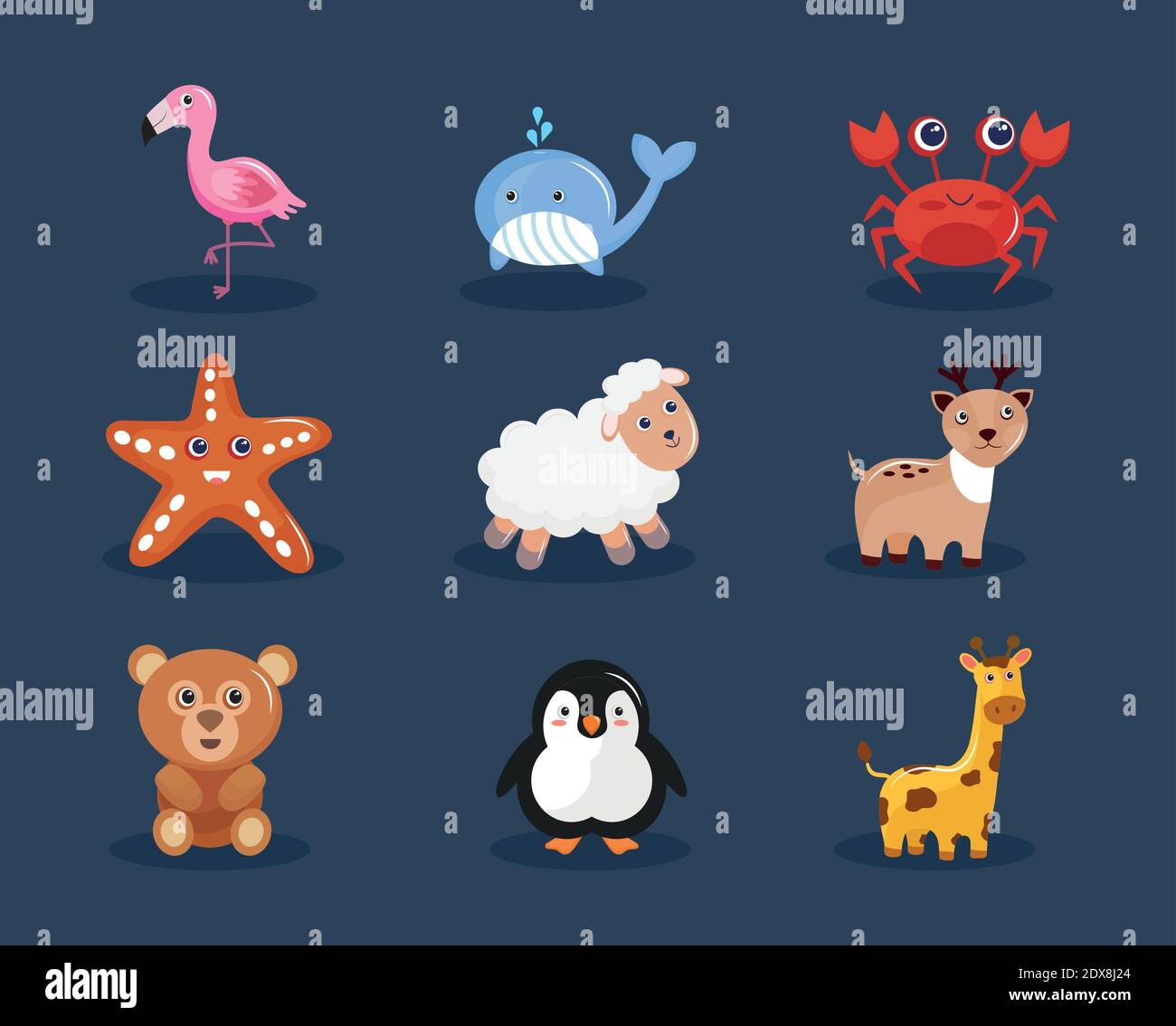 bundle of nine cute animals kawaii characters Stock Vector