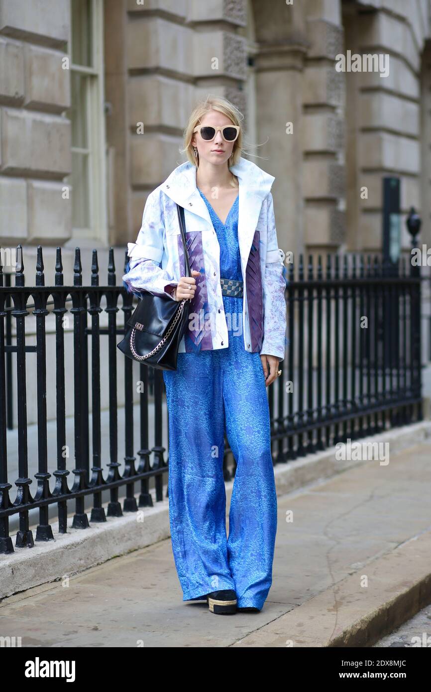 Laura Tonder, fashion blogger (www.couturekulten.dk) attending Marios  Schwab Ready-to-Wear Spring-Summer 2015 show, held at Somerset House,  London, England on September 14th, 2014. She is wearing her own design  jacket, Zalando jumpsuit, and