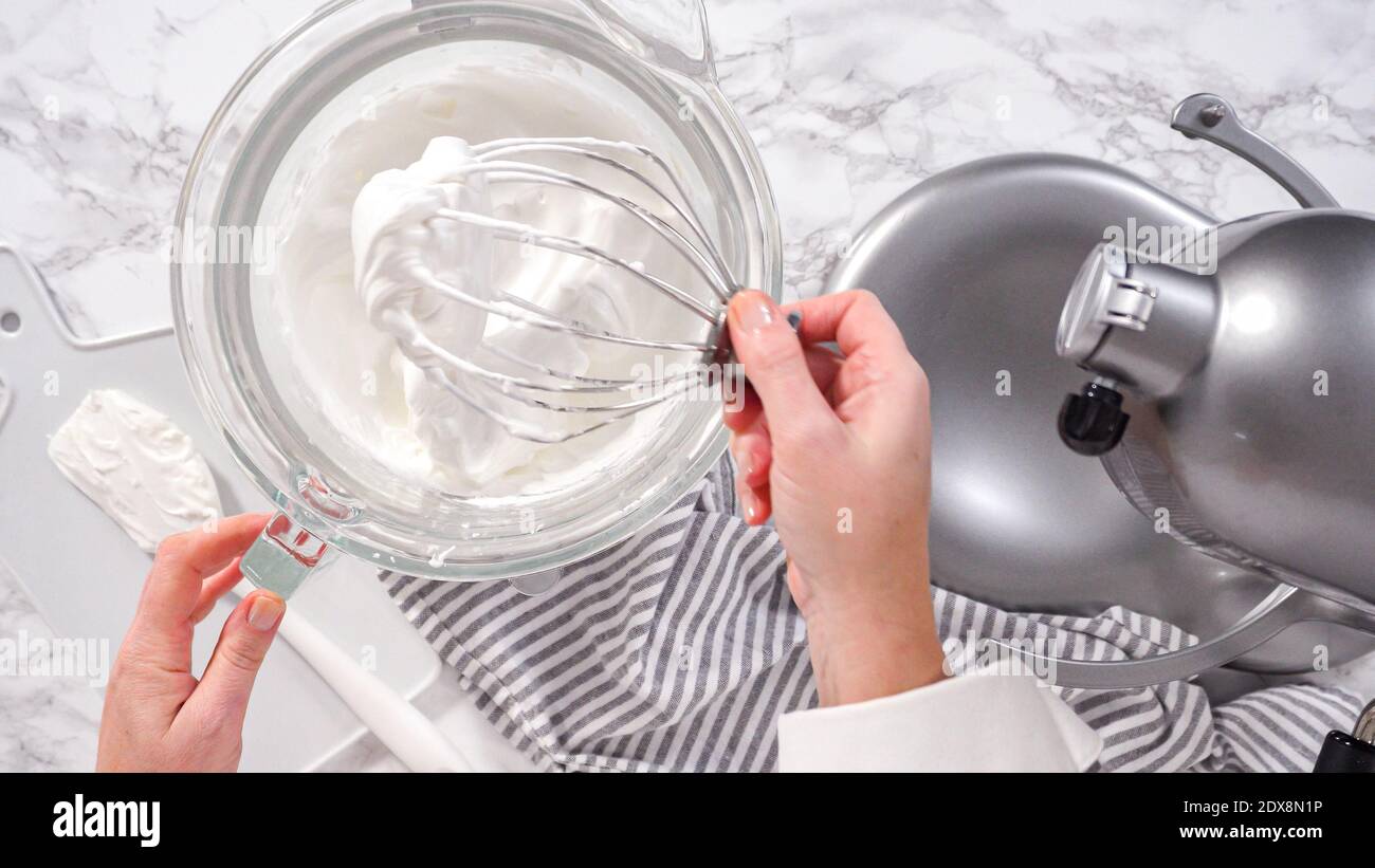 Step by step. Flat lay. Making meringue in kitchen mixer to bake