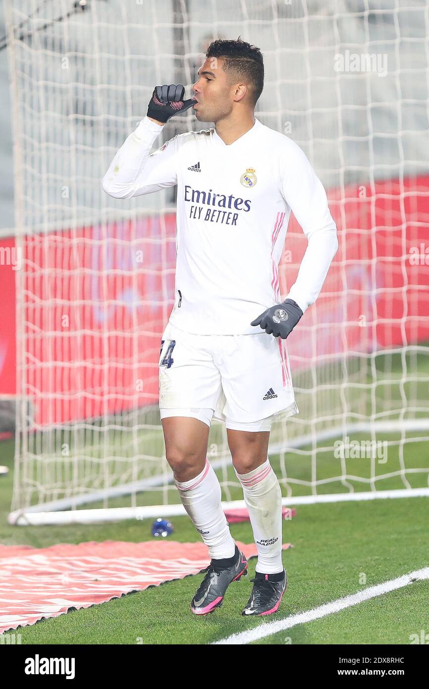 Madrid, Spain. 23rd Dec, 2020. Real Madrid's Carlos Casemiro celebrates the  goal during a Spanish football league match between Real Madrid and Granada  C.F. in Madrid, Spain, on Dec. 23, 2020. Credit: