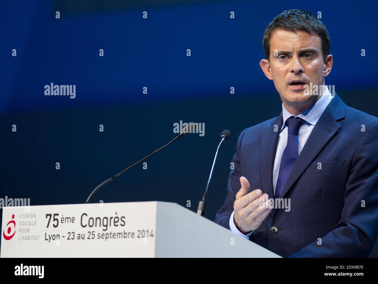 French Prime Minister Manuel Valls along with Minister of Housing and Territorial Equality Sylvia Pinel attending the 75th Annual Congress of the Social Union for Housing in Lyon, France on September 25, 2014. Photos by Vincent Dargent/ABACAPRESS.COM Stock Photo
