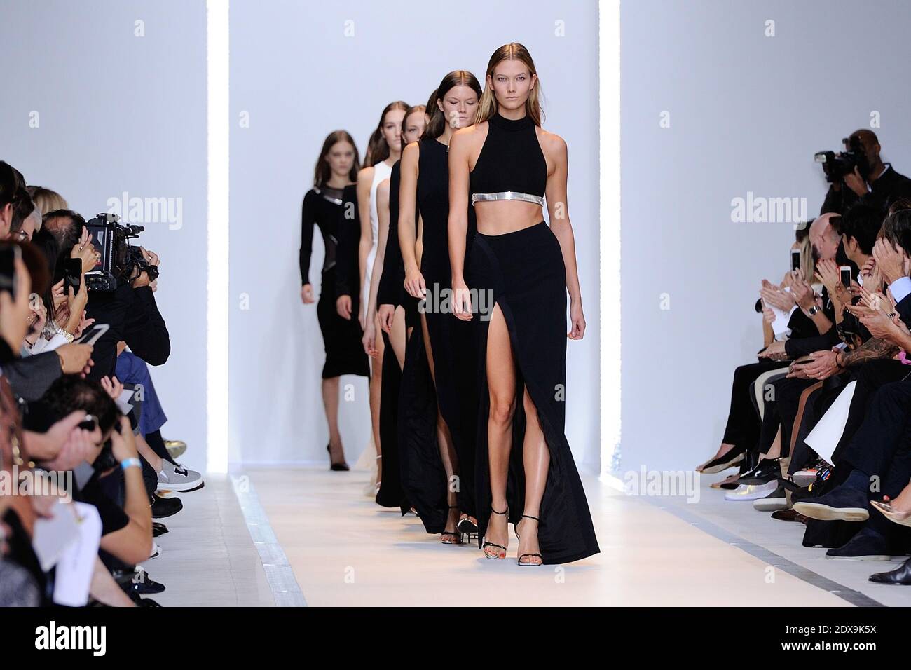 Karlie Kloss displays a creation by designer Thierry Mugler for his  Spring-Summer 2015 Ready-To-Wear collection show held at the Grand Palais  in Paris, France, on September 27, 2014. Photo by Aurore  Marechal/ABACAPRESS.COM, image size:1300x956