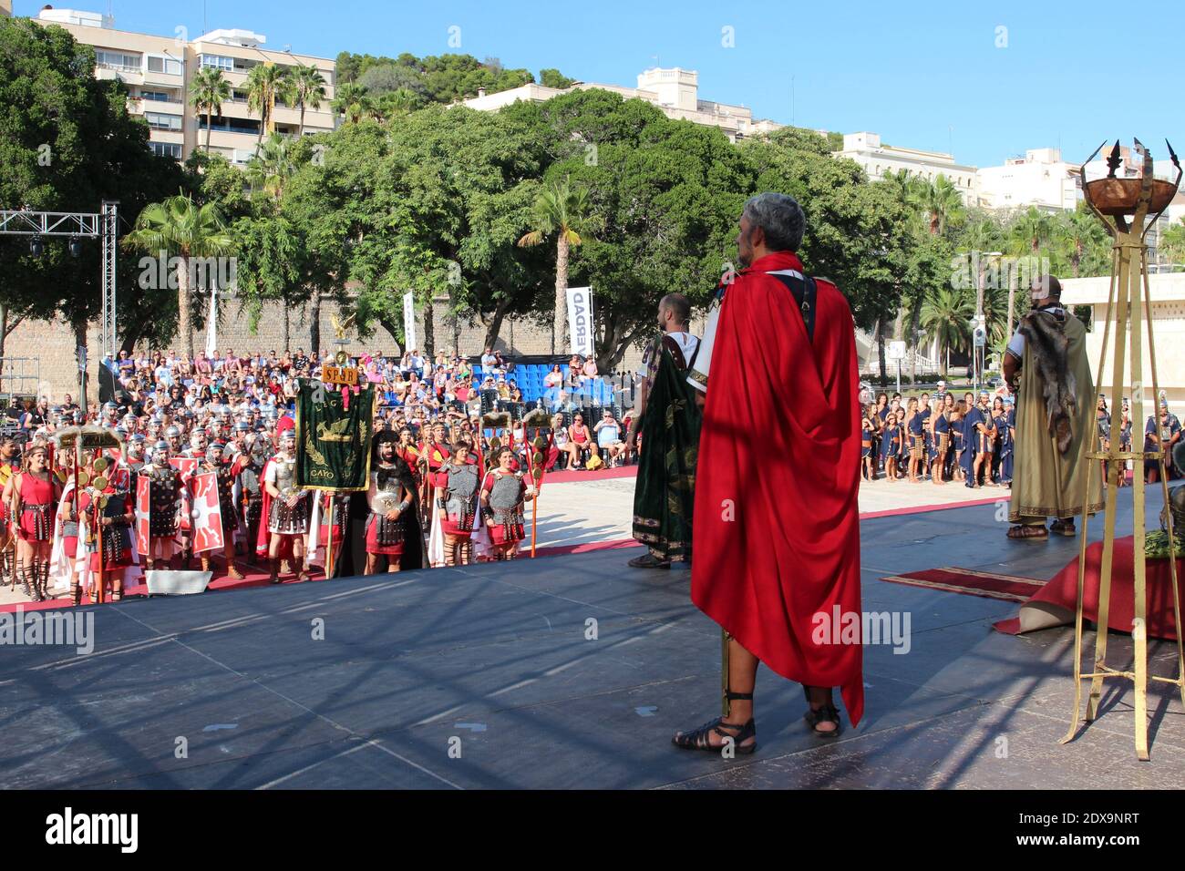 An annual festival in Cartagena, Spain is the Cartaginians and Romans. Here the General of the Roman forces rallies his troops for the battle to come. Stock Photo