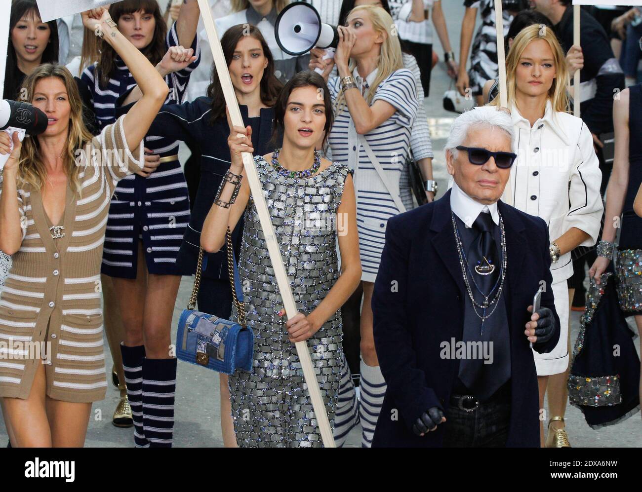 Gisele Bundchen, Karl Lagerfeld and models walk the runway during the Chanel  show as part of the Paris Fashion Week Womenswear Spring/Summer 2015 at the  Grand Palais in Paris, France on September