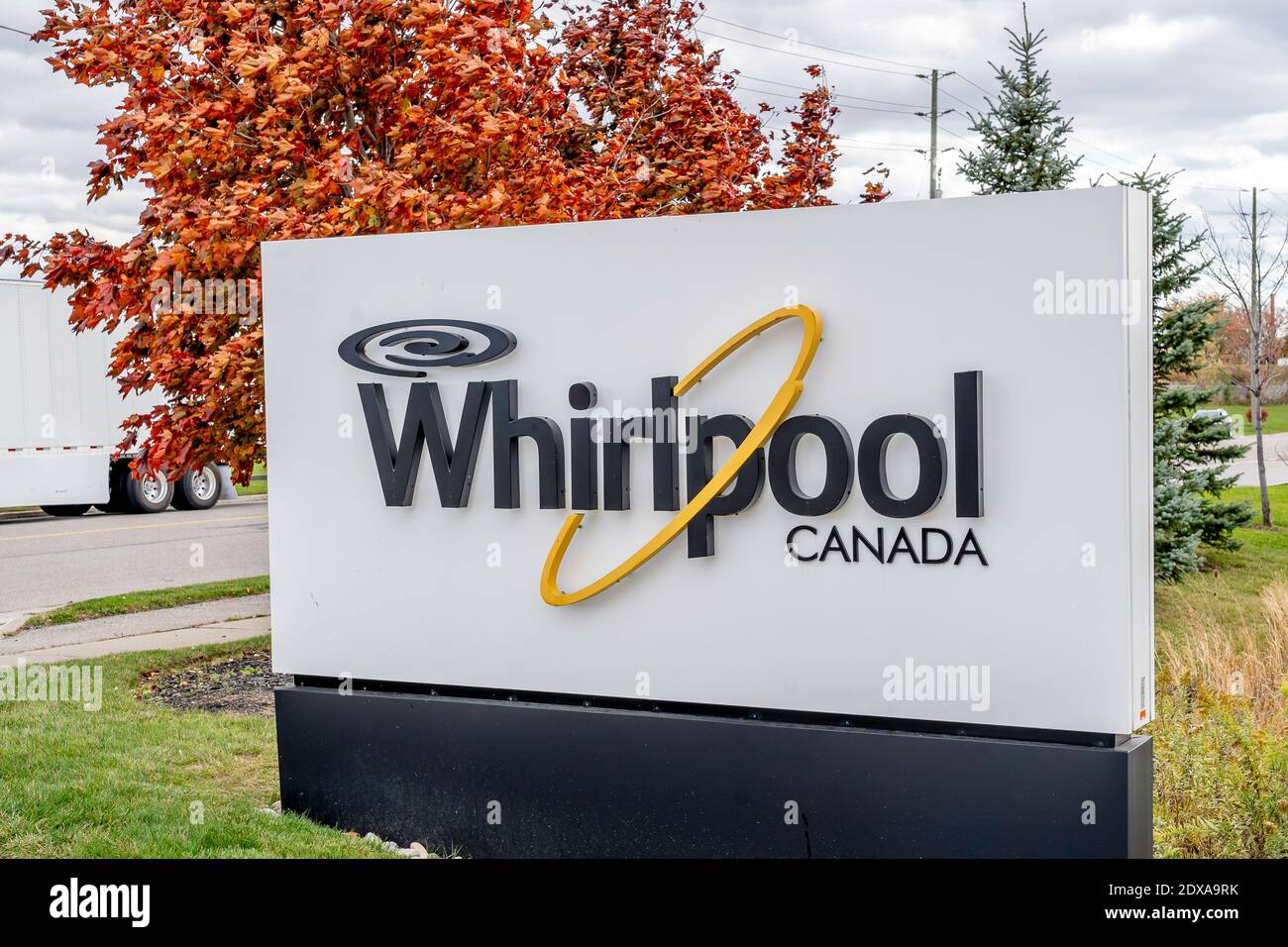 Milton, Ontario, Canada - October 23, 2019: Sign of Whirlpool at its Canada distribution centre in Milton, Ontario, Canada Stock Photo