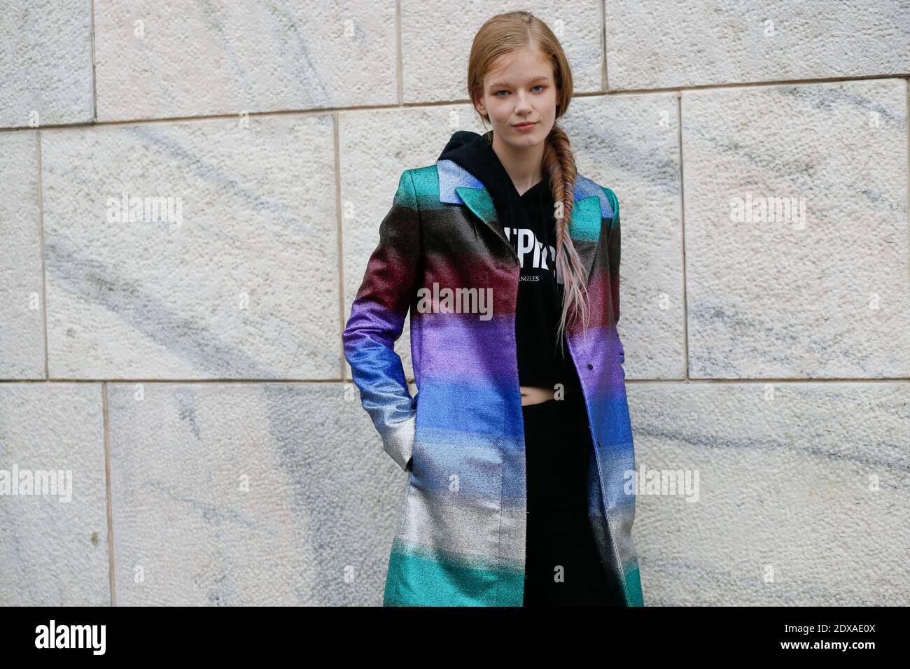 street style, Hollie-May Saker, model, during Aigner Ready-to-Wear  Spring-Summer 2015 show held Piazza Duomo, Scalone Arengario, Milan, Italy  on september 19th 2014. Photo by Sophie Mhabille/ABACAPRESS.COM Stock Photo  - Alamy