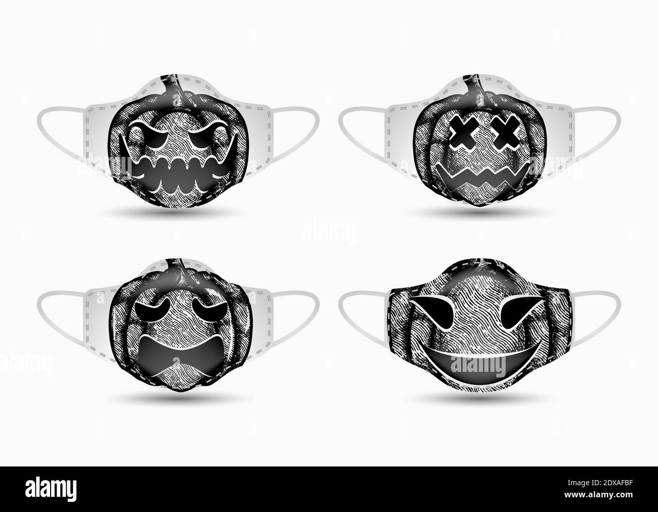 Set of fabric face mask with hand drawn pumpkin halloween Stock Vector