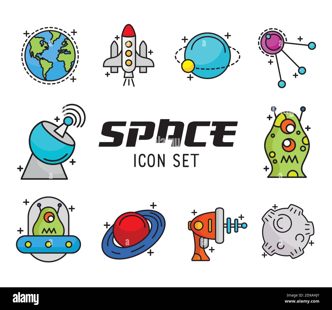 bundle of ten space set line and fill style icons and lettering Stock ...
