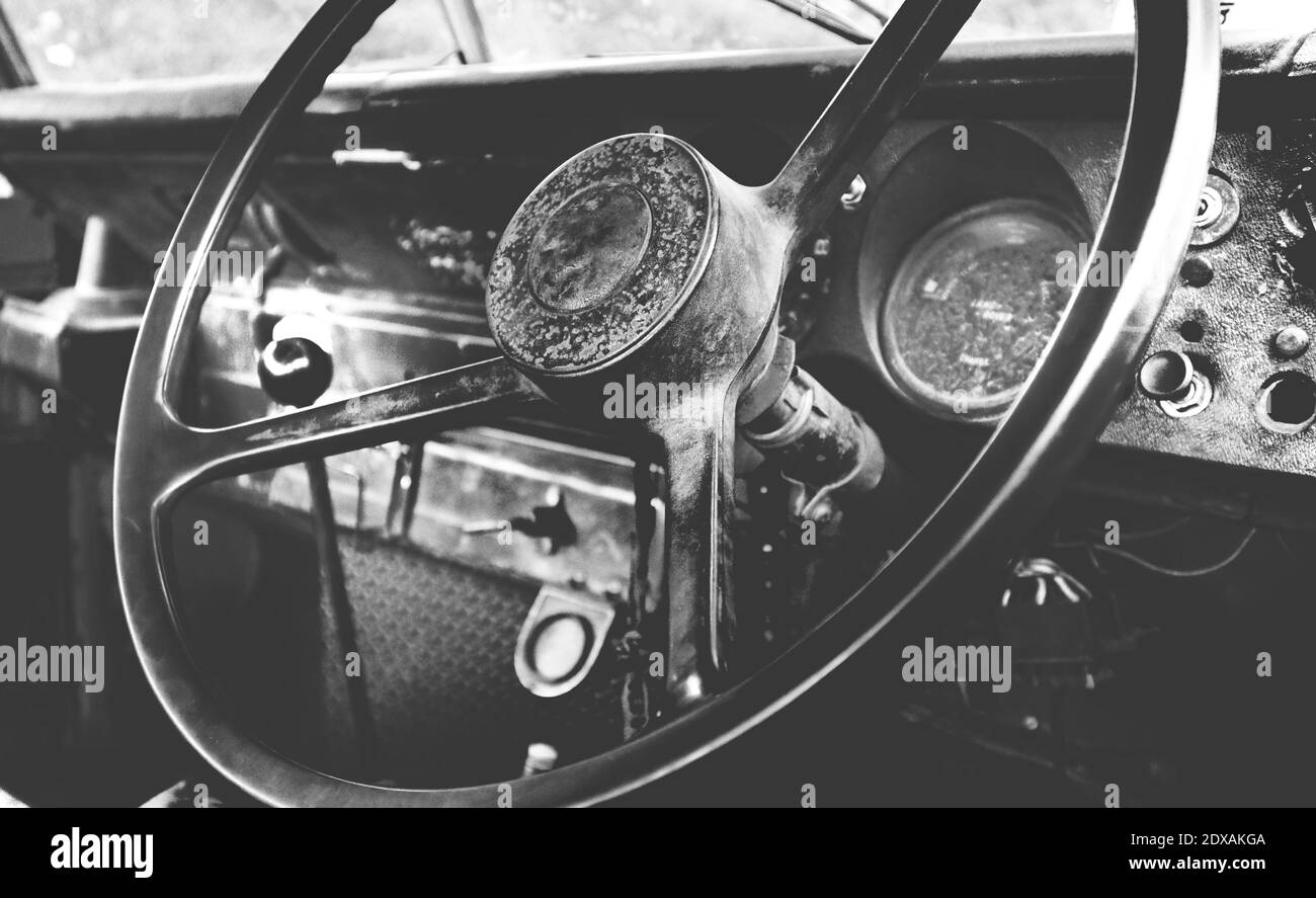 Closeup Of Steering Wheel In Vintage Car Stock Photo Alamy