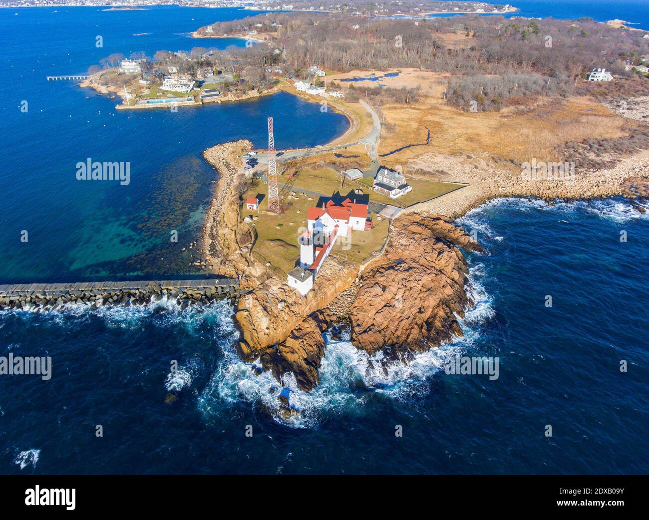 Aerial view of Eastern Point Lighthouse and Gloucester Harbor, Cape Ann ...