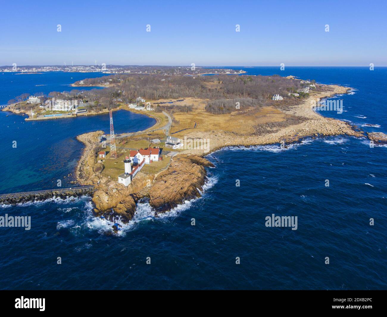 Aerial view of Eastern Point Lighthouse and Gloucester Harbor, Cape Ann ...