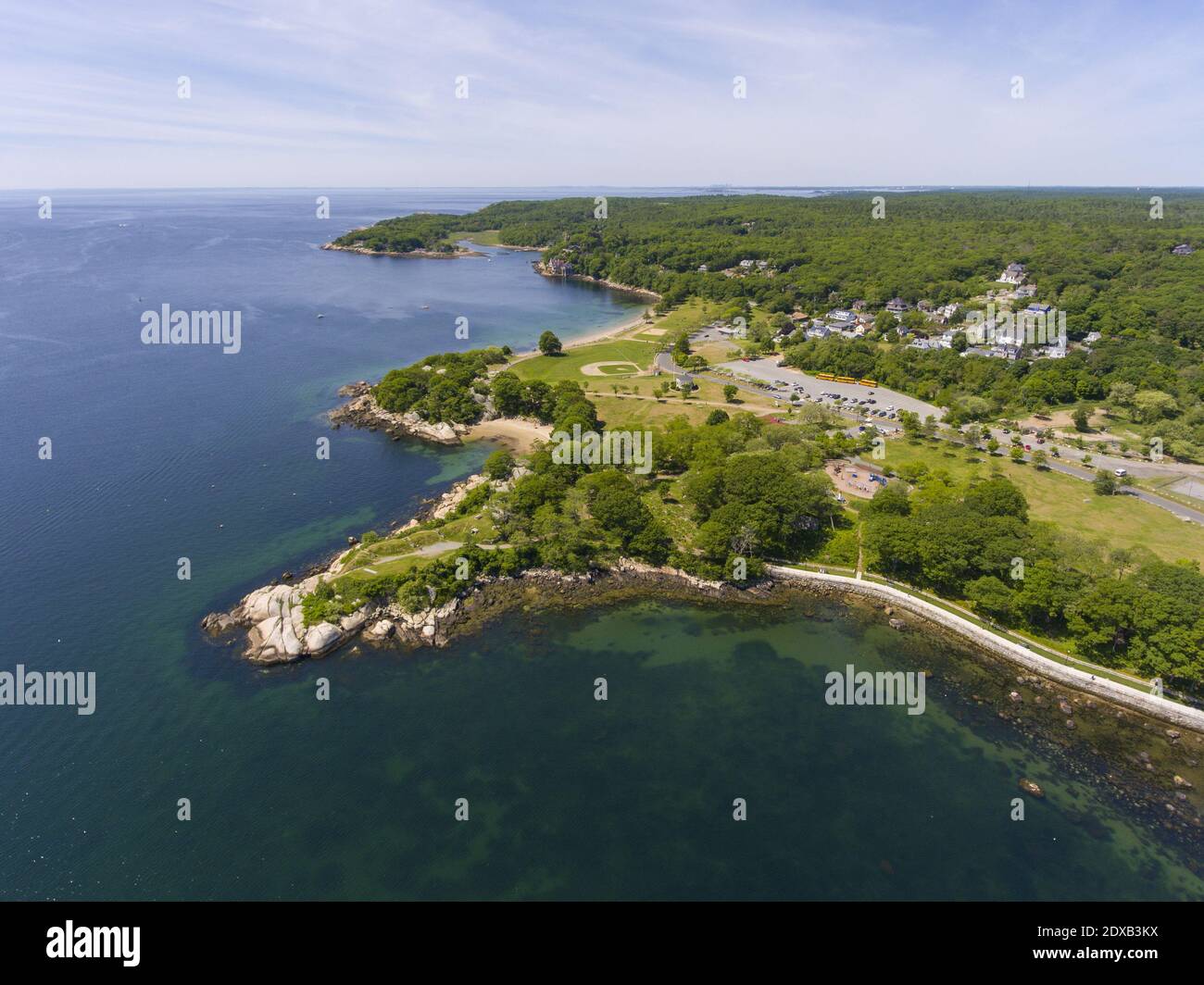 Stage Fort Park aerial view at Stage Head at Gloucester Harbor in Gloucester, Cape Ann, Massachusetts MA, USA. Stock Photo