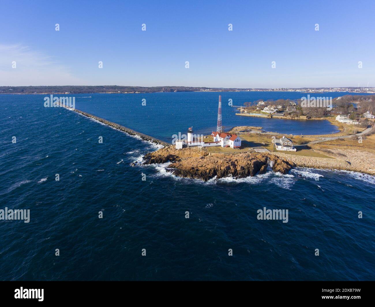 Aerial view of Eastern Point Lighthouse and Gloucester Harbor, Cape Ann ...