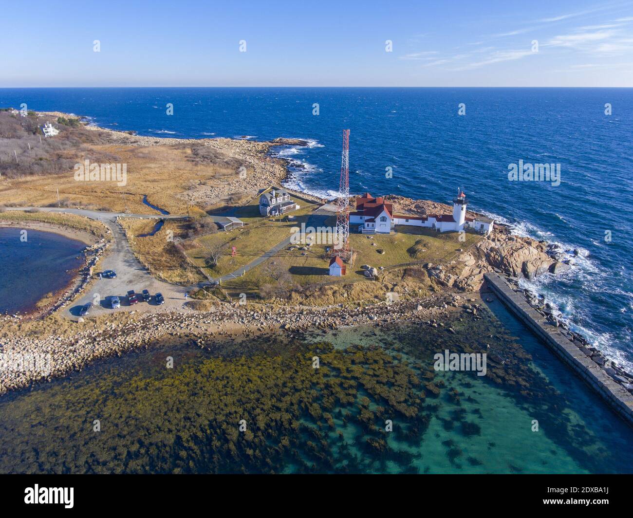 Aerial view of Eastern Point Lighthouse and Gloucester Harbor, Cape Ann ...